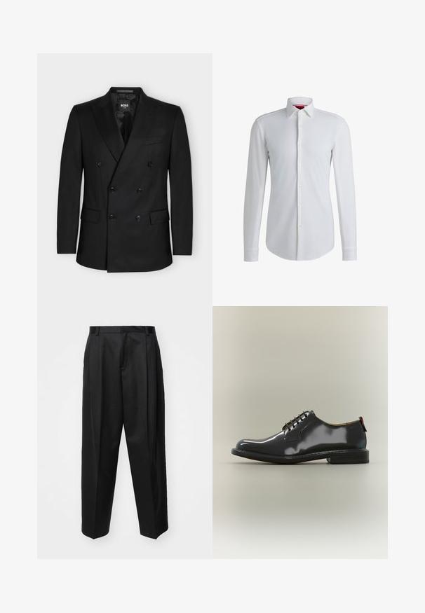 Blazer noir croisé à six boutons, revers crantés, deux poches avant à rabat et une poche poitrine, étiqueté BOSS ONE à l'intérieur du col.; Chemise blanche à manches longues avec un col évasé, patte de boutonnage à l'avant et ourlet arrondi. Fabriquée dans un tissu lisse avec un léger éclat.; Pantalon noir ajusté avec taille haute, jambes larges et plis marqués. Fabriqué dans un tissu lisse avec passants de ceinture et sans quincaillerie visible.; Chaussure de ville noire en cuir verni à lacets, à talon bas et bout arrondi, présentée en profil latéral sur fond neutre.