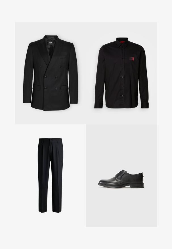 Blazer noir croisé à six boutons, revers crantés, deux poches avant à rabat et une poche poitrine, étiqueté BOSS ONE à l'intérieur du col.; Chemise noire à manches longues en tissu lisse, dotée d'une fermeture à boutons, d'un col classique et d'un petit patch de marque rouge sur la poitrine.; Pantalons noirs en tissu lisse, avec une coupe droite, des plis à l'avant et une fermeture à bouton avec passants de ceinture.; Chaussure de ville pour homme en cuir noir à lacets, avec un petit talon et une finition lisse, présentée en profil latéral sur un fond clair et uni.