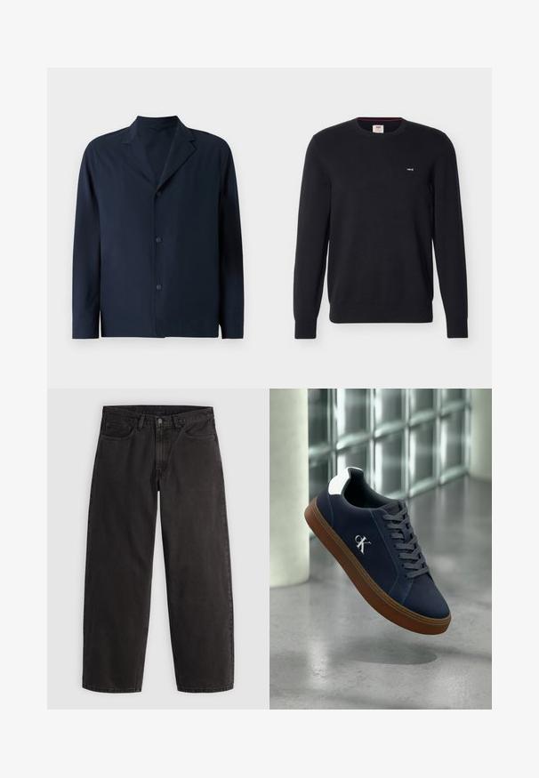 Marineblaue Jacke aus glattem Stoff mit Reverskragen, langen Ärmeln und fünf Knöpfen vorne zum Schließen.; Schwarzer Pullover mit Rundhalsausschnitt und langen Ärmeln, mit kleinem weißem Levi's-Logo auf der linken Brust sowie gerippten Bündchen und Saum.; Schwarze gerade geschnittene Jeans aus Denim mit fünf Taschen und Gürtelschlaufen, flach auf einem einfarbigen hellen Hintergrund liegend dargestellt.; Marineblaue Sportschuh mit brauner Sohle, grauen Schnürsenkeln, weißem Fersenakzent und weißem "CK"-Logo, schwebt innen in der Nähe einer Glasbausteinwand und eines Betonbodens.