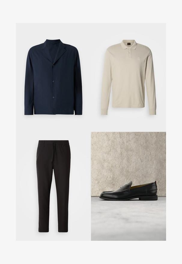 Mørkeblå jakkesæt lavet af glat stof med en klapkrave, lange ærmer og fem knapper fortil til lukning.; Beige langærmet polo lavet af blødt materiale med klassisk krave, tre knapper og et lille logopatch på brystet.; Sorte joggebukser lavet af glat stof. Har en elastisk talje med snor, tætsiddende ben og ingen synlige lommer. Enkel design.; Sort læder herreloafer med krokodillepræget forstykke og lav hæl, vist i profil på en neutral baggrund.