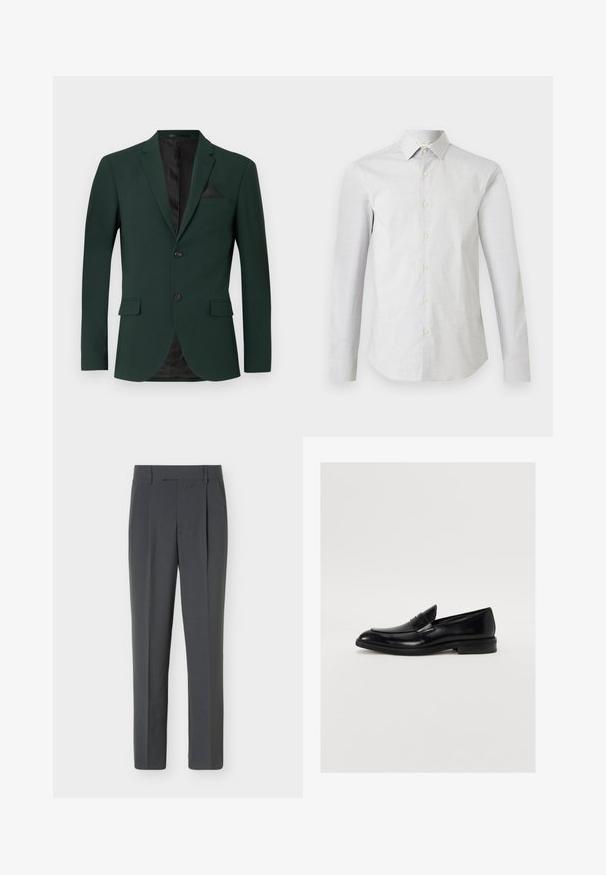 Mørkegrøn blazer med to knapper, almindelige slag og en enkelt brystlomme. Indvendigt er der en sort foring. Glat stofstruktur.; Hvid skjorte med lange ærmer, subtilt lille prikkemønster, klassisk krave og figursyet silhuet.; Mørkegrå skræddersyede bukser med bæltestropper, frontplissering og et smalt lige ben, vist fladt på en lys baggrund.; Sorte læder loafers med rund tå, subtil syning og en glat overflade. Har en lav stablet hæl og en strop over vamsen.