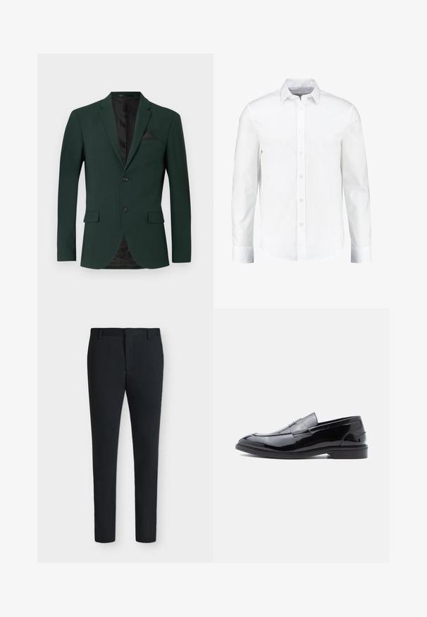 Mørkegrøn blazer med to knapper, almindelige slag og en enkelt brystlomme. Indvendigt er der en sort foring. Glat stofstruktur.; Hvid langærmet skjorte med knapper lavet af glat bomuld. Har en klassisk krave og knaplukning foran med en lige nederkant.; Sorte, tætsiddende bukser med bæltestropper, frontlynlås og uden synlige lommer, vist mod en ensfarvet hvid baggrund.; Sorte loafers i laklæder med en glat finish, rundet tå og dekorativ remdetalje, med lav profil og gummisål.