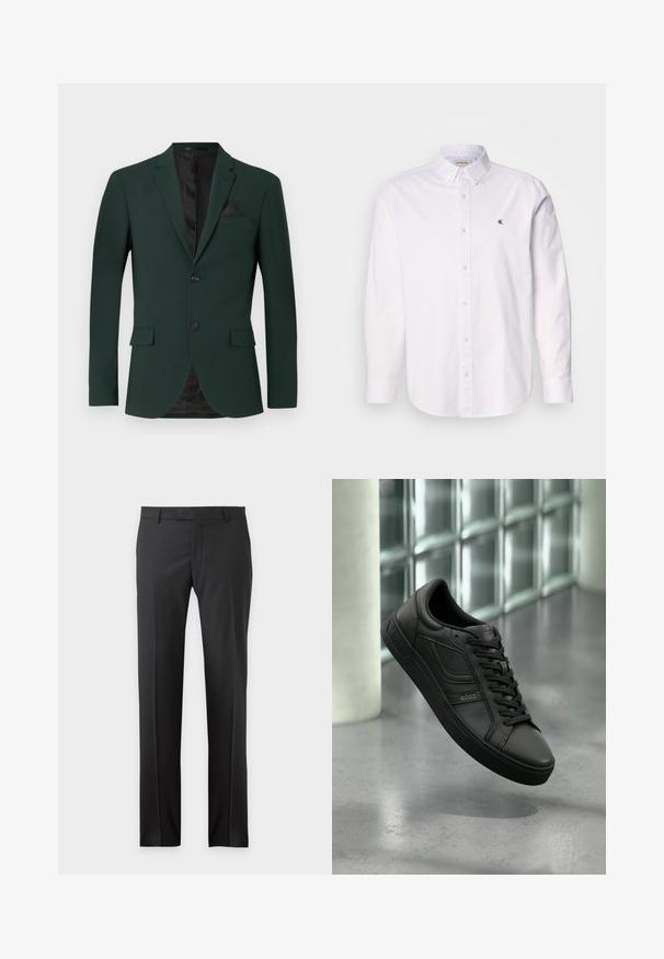 Blazer verde oscuro con dos botones, solapas de muesca y un solo bolsillo en el pecho. El interior tiene un forro negro. Textura de tela suave.; Camisa blanca de algodón, con cuello clásico, mangas largas y un pequeño logo de CK en el lado izquierdo del pecho. Textura suave.; Pantalones formales negros de pierna recta con trabillas para cinturón y bolsillos laterales, mostrados sobre un fondo liso.; Zapatilla deportiva de cuero negro con perfil bajo, con cordones negros, detalles texturizados y suela de goma. Logotipo grabado en el lado exterior.