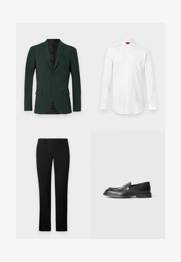Blazer verde oscuro con dos botones, solapas de muesca y un solo bolsillo en el pecho. El interior tiene un forro negro. Textura de tela suave.; Camisa blanca de manga larga con cuello puntiagudo y tapeta de botones oculta, mostrada sobre un fondo liso y claro.; Pantalones negros con un corte a medida, que presentan una textura suave y un diseño de pierna recta. La cintura tiene pasadores para cinturón y un acabado limpio.; Mocasines de cuero negro con acabado texturizado, que cuentan con una correa decorativa en la parte delantera y punta redondeada. Suela de goma para mayor durabilidad.