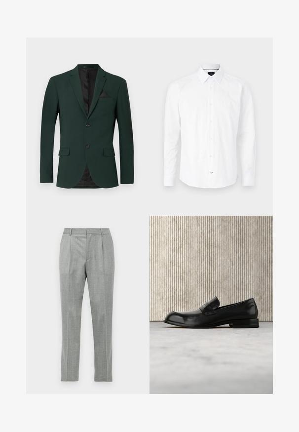 Blazer verde oscuro con dos botones, solapas de muesca y un solo bolsillo en el pecho. El interior tiene un forro negro. Textura de tela suave.; Camisa blanca de manga larga hecha de algodón. Presenta un cuello tipo button-down, cierre frontal con botones rosas y dobladillo curvado.; Pantalones de vestir ajustados en gris claro con pliegues frontales, pasadores para cinturón y corte recto sobre un fondo blanco.; Mocasín negro de cuero con detalle metálico, mostrado suspendido sobre una alfombra beige, con una mesa redonda de color ámbar en el fondo.