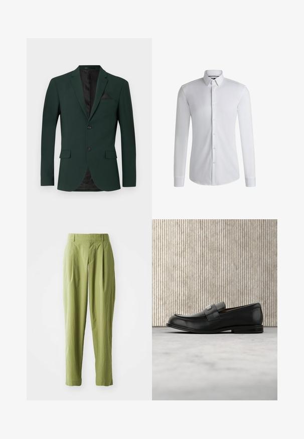 Blazer verde oscuro con dos botones, solapas de muesca y un solo bolsillo en el pecho. El interior tiene un forro negro. Textura de tela suave.; Camisa blanca de manga larga hecha de tejido suave, con un cuello abotonado y una fila de botones en la parte delantera. Diseño simple.; Pantalones verdes claros hechos de una tela texturizada, con una forma recta, pliegues en la parte frontal y una cinturilla estándar.; Mocasín de cuero negro con una placa metálica de marca apoyado cerca de una mesa redonda marrón sobre un suelo alfombrado beige.