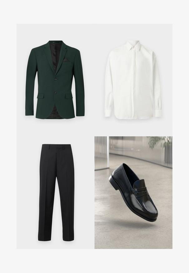 Blazer verde oscuro con dos botones, solapas de muesca y un solo bolsillo en el pecho. El interior tiene un forro negro. Textura de tela suave.; Camisa blanca de manga larga con botones, cuello puntiagudo y puños abotonados, exhibida plana sobre un fondo gris claro.; Pantalones de vestir negros de pierna recta con presillas para cinturón, pliegue delantero y cremallera en un fondo blanco.; Mocasines de cuero negro con acabado liso, punta redondeada, costuras decorativas y una suela ligeramente elevada.
