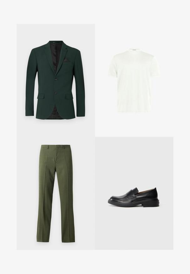 Mørkegrøn blazer med to knapper, almindelige slag og en enkelt brystlomme. Indvendigt er der en sort foring. Glat stofstruktur.; Hvid crewneck T-shirt lavet af blødt stof. Korte ærmer, uden mønstre. Simpelt design med lige kant og minimal detaljer.; Olivengrønne skræddersyede bukser med en glat tekstur, lige snit og frontfold, designet til formelle eller semi-formelle anledninger.; Sorte læder slip-on dress sko med lav hæl og subtil Calvin Klein logo på siden, vist i profil på en hvid baggrund.