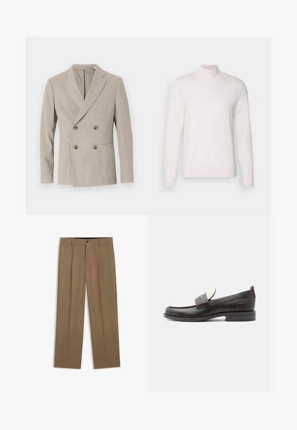 Beige dobbeltradet blazer med et struktureret stribemønster, notch-revers og to forlommer. Har runde messingknapper.; Lyserød rullekravesweater med lange ærmer, blød tekstur, ribbet krave og manchetter, der har et klassisk, tætsiddende design.; Brune lige bukser med bæltestropper, forreste knap og lynlås, vist fladt på en hvid baggrund.; Mørkebrune herresko i læder med cremefarvet stofpanel og klassisk syning på remmen, flad sål og trækskærm ved hælen.