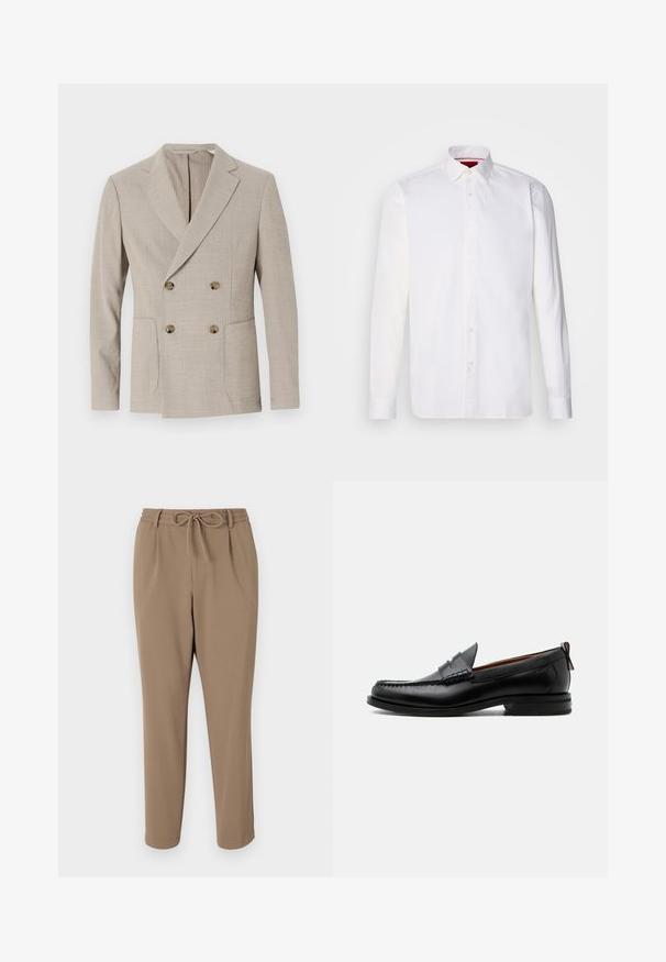 Beige einreihiger Blazer mit strukturiertem Streifenmuster, Reverskragen und zwei vorderen Taschen. Ausgestattet mit runden Messingknöpfen.; Weißes langärmliges Hemd aus Baumwolle mit klassischem Kragen, Knopfleiste vorne und glatter Textur. Rote Details im inneren Kragen.; Beige leicht taillierte Hose mit einem Kordelzugbund, seitlichen Taschen und einer glatten Textur. Keine sichtbaren Muster oder zusätzlichen Akzente.; Schwarzer Leder-Herrenschuh mit Mokassinnaht, Penny-Riemen, strukturiertem Kragen und niedrigem gestapeltem Absatz auf weißem Hintergrund.