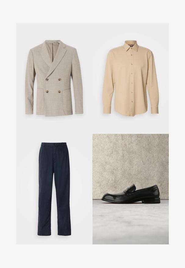 Blazer beige croisé avec un motif rayé texturé, revers crantés et deux poches avant. Doté de boutons ronds en laiton.; Chemise beige à manches longues en tissu texturé avec un motif à carreaux, dotée d'un devant avec boutons et de poignets, coupe ajustée.; Pantalon bleu marine en mélange de coton. Présente une coupe droite, une fermeture à bouton sur le devant et de légères plis. Texture douce.; Mocassin en cuir noir avec un accent métallique, présenté en lévitation au-dessus d'un tapis beige, avec une table ronde de couleur ambre en arrière-plan.