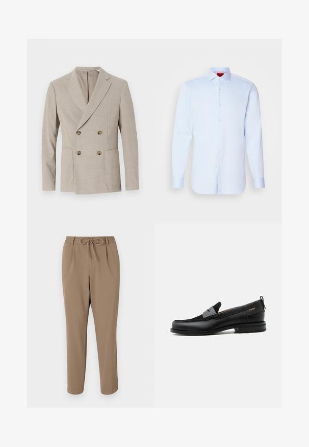 Beige dubbelzijdig blazer met een gestructureerd streep patroon, notch revers en twee voorkeurszakken. Bevat ronde messing knopen.; Lichtblauwe overhemd met lange mouwen, knoopsluiting en een spreidkraag, afgeronde onderkant en witte knopen. Glad stof met een subtiele glans.; Beige tapsbroek met een trekkoord in de taille, zijzakken en een gladde textuur. Geen zichtbare patronen of extra accenten.; Zwarte leren loafer met grijs riemdetailelement, lage hak en gestructureerde zool, aan de zijkant gebrandmerkt met "HUGO" in goud.