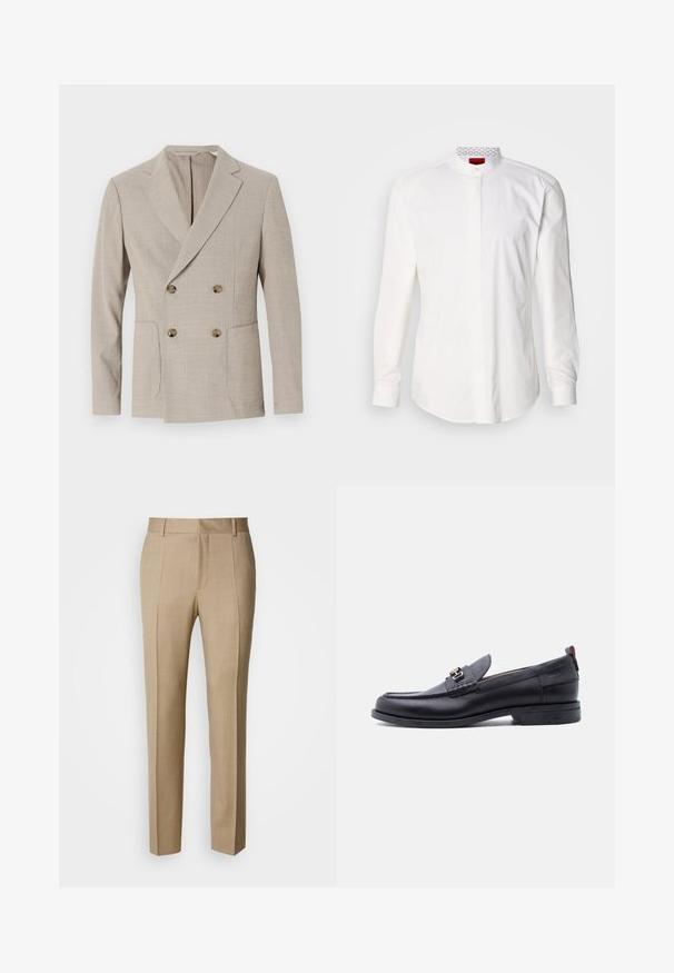 Beige einreihiger Blazer mit strukturiertem Streifenmuster, Reverskragen und zwei vorderen Taschen. Ausgestattet mit runden Messingknöpfen.; Weißes Langarmhemd mit hohem Kragen, aus Baumwolle. Verfügt über eine durchgehende Knopfleiste, minimalistisches Design und dezente Markenkennzeichnung am inneren Kragen.; Beige maßgeschneiderte Hose mit strukturierter Stoffqualität, flacher Front und geraden Beinen. Verfügt über Seitentaschen und Gürtelschlaufen und bietet einen eleganten Look.; Schwarzer Lederloafer mit grauem, strukturiertem Vorderblatt, silberner Metallschnalle, niedrigem Absatz und Zuglasche hinten.
