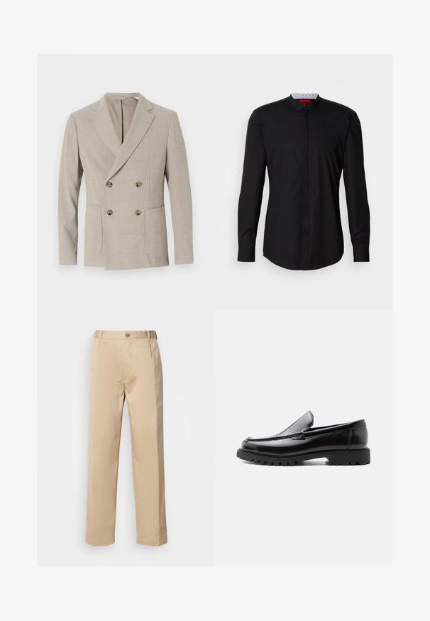 Blazer beige croisé avec un motif rayé texturé, revers crantés et deux poches avant. Doté de boutons ronds en laiton.; Chemise noire à manches longues avec col mandarin, confectionnée dans un tissu lisse, dotée d'une patte de boutonnage à l'avant et de détails de design subtils.; Pantalons beiges en tissu léger, avec une coupe droite, une taille avec passants de ceinture et une fermeture à bouton sur le devant.; Mocassin en cuir noir avec semelle en caoutchouc épaisse, dessus cousu et nom de marque embossé sur le talon, présenté de profil sur fond blanc.