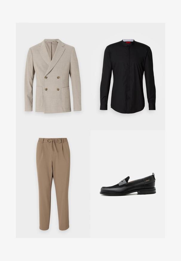 Blazer beige de doble botonadura con un patrón de rayas texturadas, solapas acentuadas y dos bolsillos frontales. Presenta botones redondos de latón.; Camisa negra de manga larga con cuello mandarín, confeccionada en una tela suave, con cierre de botones en la parte delantera y detalles de diseño sutiles.; Pantalones beige ajustados con cintura ajustable, bolsillos laterales y textura suave. Sin patrones visibles ni acentos adicionales.; Mocasín de cuero negro con detalle de tira gris, tacón bajo y suela texturizada, con la marca "HUGO" en oro en el lateral.
