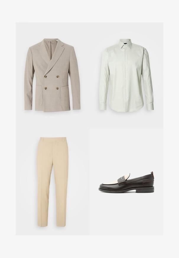 Beige dubbelzijdig blazer met een gestructureerd streep patroon, notch revers en twee voorkeurszakken. Bevat ronde messing knopen.; Lichtgroen overhemd met lange mouwen, knoopsluiting en een gestructureerde kraag, met een effen textuur en een voorkant met witte knopen.; Beige op maat gemaakte broek met een recht gesneden ontwerp, gemaakt van lichtgewicht stof, met twee voorzakken en nette, geplooide vouwen.; Donkerbruine leren herenloafer met crèmekleurig stoffen paneel en klassiek doorgestikt riemdetail, platte zool en trekhaak bij de hak.