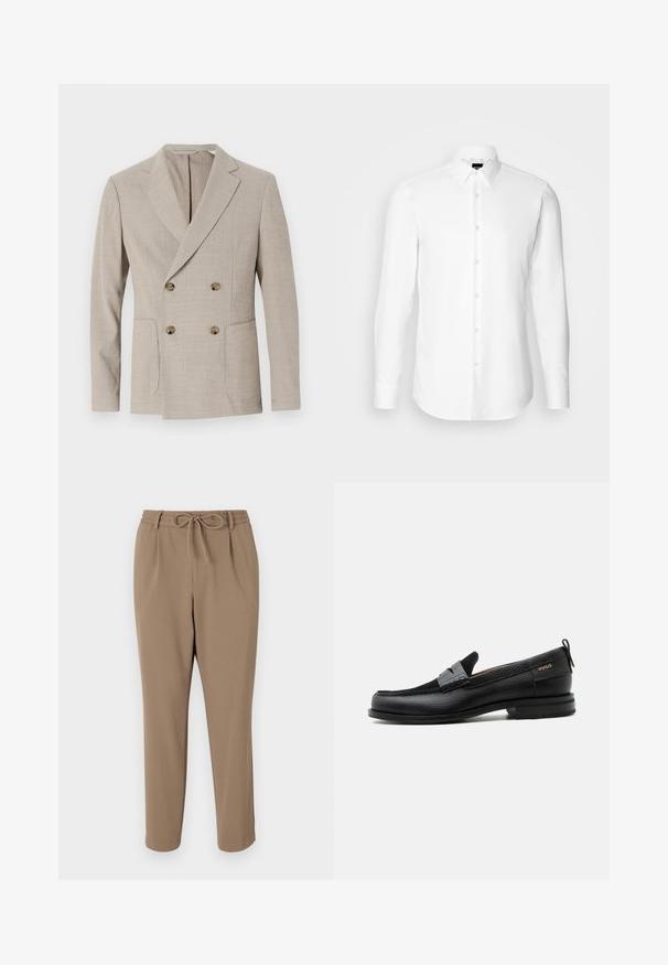 Beige dubbelzijdig blazer met een gestructureerd streep patroon, notch revers en twee voorkeurszakken. Bevat ronde messing knopen.; Witte blouse met lange mouwen, knoopsluiting aan de voorkant, klassieke kraag, gemaakt van gladde stof met een subtiele textuur, ontworpen voor een aansluitende pasvorm.; Beige tapsbroek met een trekkoord in de taille, zijzakken en een gladde textuur. Geen zichtbare patronen of extra accenten.; Zwarte leren loafer met grijs riemdetailelement, lage hak en gestructureerde zool, aan de zijkant gebrandmerkt met "HUGO" in goud.