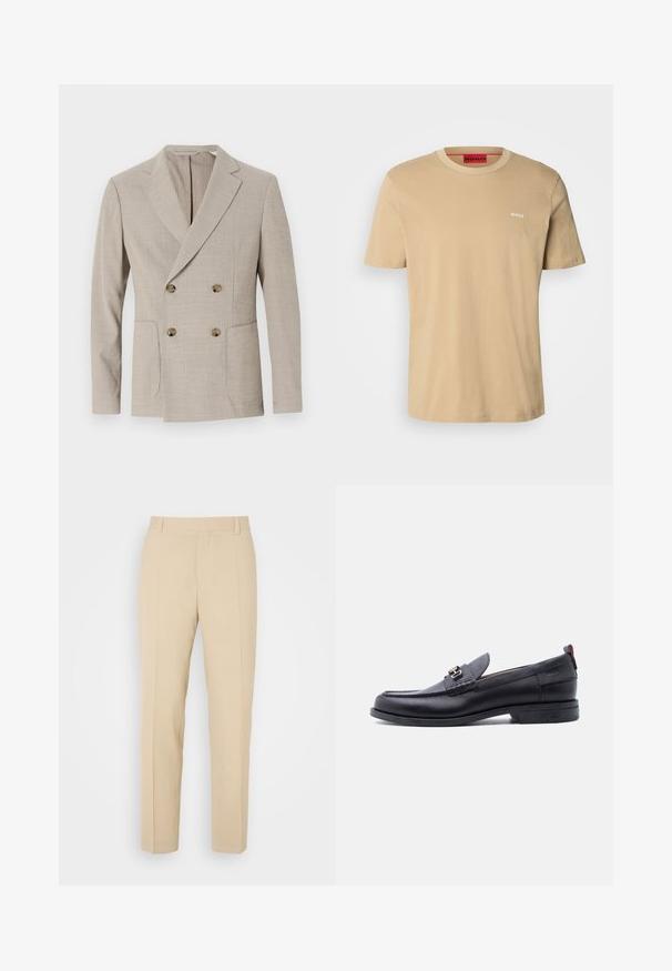 Beige dubbelzijdig blazer met een gestructureerd streep patroon, notch revers en twee voorkeurszakken. Bevat ronde messing knopen.; Beige katoenen t-shirt met een ronde hals, korte mouwen en een klein wit "HUGO" logo op de borst. Een gladde textuur zonder patronen.; Beige op maat gemaakte broek met een recht gesneden ontwerp, gemaakt van lichtgewicht stof, met twee voorzakken en nette, geplooide vouwen.; Zwarte leren loafer met grijze, gestructureerde vamp, zilveren metalen gesp, lage hak en trekkoord aan de achterkant.