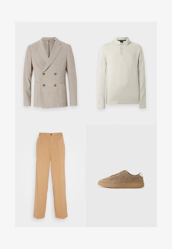 Beige dubbelzijdig blazer met een gestructureerd streep patroon, notch revers en twee voorkeurszakken. Bevat ronde messing knopen.; Poloshirt met lange mouwen in lichtbeige, gemaakt van zachte stof. Voorzien van een kraag, een knoopsluiting met drie knopen en subtiele logo-borduring op de borst.; Beige wijde broek van zacht materiaal, voorzien van twee voorzakken, een knoopsluiting en plooidetails langs de benen.; Suède sneakers in lichtbruin met een rubberen zool. Voorzien van een vetersluiting en een minimalistische stijl, geaccentueerd door een witte hieltab.