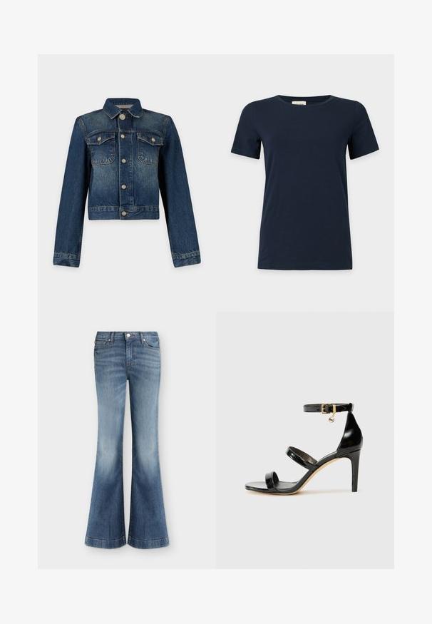 Veste en denim bleu foncé avec manches longues, boutons en métal, deux poches poitrine à rabat et col classique, présentée sur un fond uni.; T-shirt bleu marine uni à manches courtes avec un col rond sur fond gris clair.; Jean en denim bleu taille haute, cinq poches, bouton à l'avant et jambes larges évasées.; Sandale en cuir verni noir avec trois brides, boucle de cheville et talon aiguille de 10 cm. Présente un détail en métal doré et un charm logo.