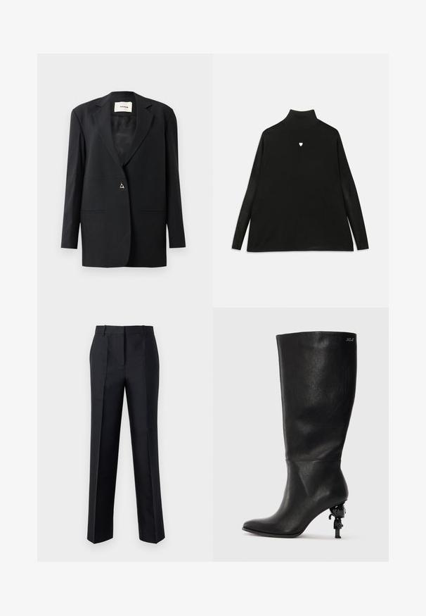 Blazer negro a medida con cuello de muesca, cierre de un solo botón, dos bolsillos frontales y una textura lisa y suave.; Suéter negro de cuello alto con mangas largas, que presenta un pequeño emblema de corazón blanco en el pecho. Tejido suave y corte relajado.; Pantalones negros con corte recto, textura suave y cierre de cremallera oculta. Presentan pinzas para un estilo adicional y un aspecto ajustado.; Bota negra hasta la rodilla hecha de cuero suave. Presenta una punta afilada y un tacón escultórico distintivo con un acento decorativo.