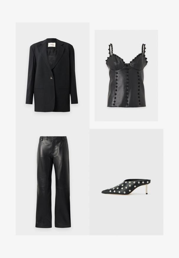 Sort skræddersyet blazer med en spids krave, enkelt knaplukning, to forlommer og en glat, strømlinet tekstur.; Sort top i imiteret læder uden ærmer med polstrede skåle, dobbelte tynde stropper og lodrette rækker af runde sorte perleudsmykninger.; Sorte lige ben faux læderbukser med bæltestropper og en skjult frontlukning, præsenteret på en hvid baggrund.; STAND STUDIO KELSEY - Mules med hæl - black