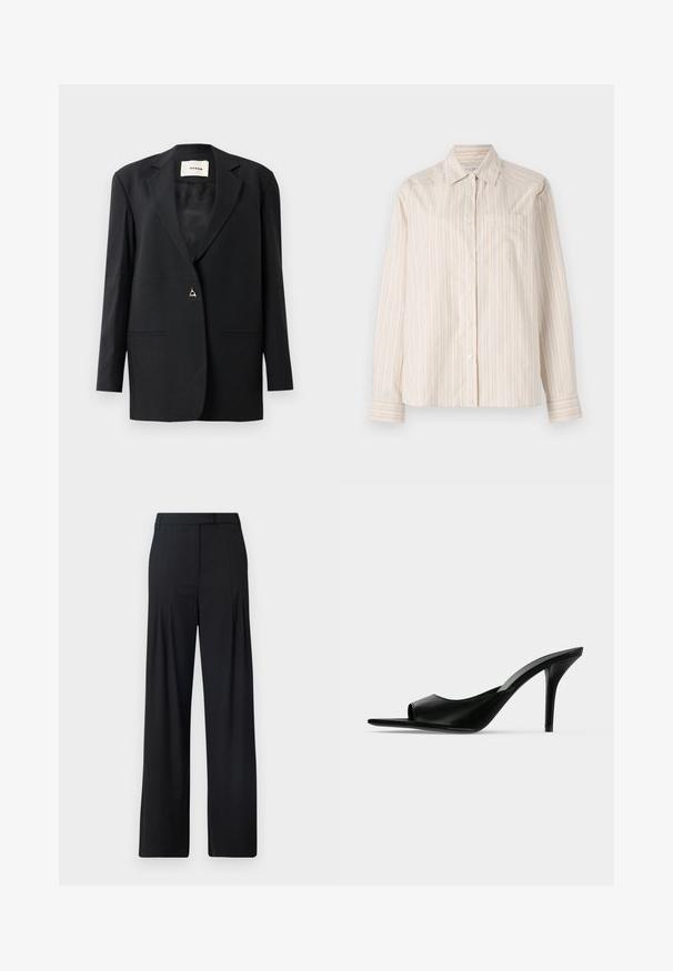 Zwarte op maat gemaakte blazer met een geknipte kraag, enkele knoopsluiting, twee voorzakken en een elegante, gladde structuur.; Lange mouwen shirt in lichtbeige met verticale strepen in cream en lichtoranje. Heeft een kraag en een enkele borstzak.; Zwarte wijde broek met een vlakke voorkant, plooien en een tailored tailleband. Gemaakt van gladde, lichtgewicht stof.; Zwarte leren mule met open teen en hoge slanke naaldhak, zijaanzicht tegen een effen achtergrond.