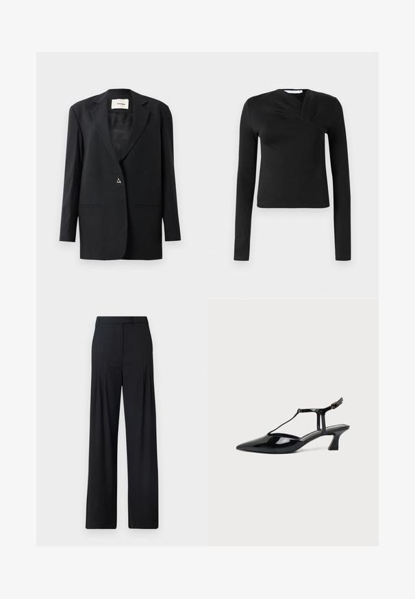 Sort skræddersyet blazer med en spids krave, enkelt knaplukning, to forlommer og en glat, strømlinet tekstur.; Sort langærmet top med en omslagsdesign, lavet af glat stof. Har en cropped længde og en V-formet udskæring. Ingen mønstre eller accenter.; Sorte bredde benbukser med flad front, folder og en skræddersyet talje. Lavet af glat, letvægtsstof.; Sort laklæder spids tå slingback sko med T-rem og lav skrå blokhæl på hvid baggrund.