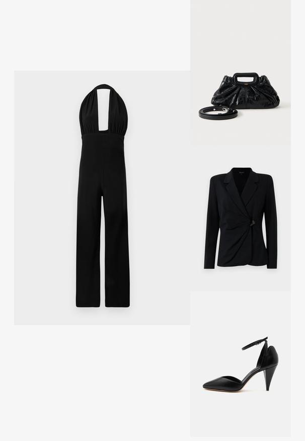 Sort, skræddersyet blazer med lange ærmer, der har en notch-krave, draperet frontdesign og en enkelt sort knaplukning. Fremstillet af glat stof.; Sort halterneck jumpsuit med en dyb udskæring, samlet bodice og bredbenet design. Stoffet har en glat tekstur og ensartet farve.; Sort læder højhælet sko med spids tå, ankelrem og kegleformet hæl på hvid baggrund.; Lille sort læderhåndtaske med rynket tekstur, rektangulært håndtag og aftagelig tynd skulderrem placeret ved siden af.
