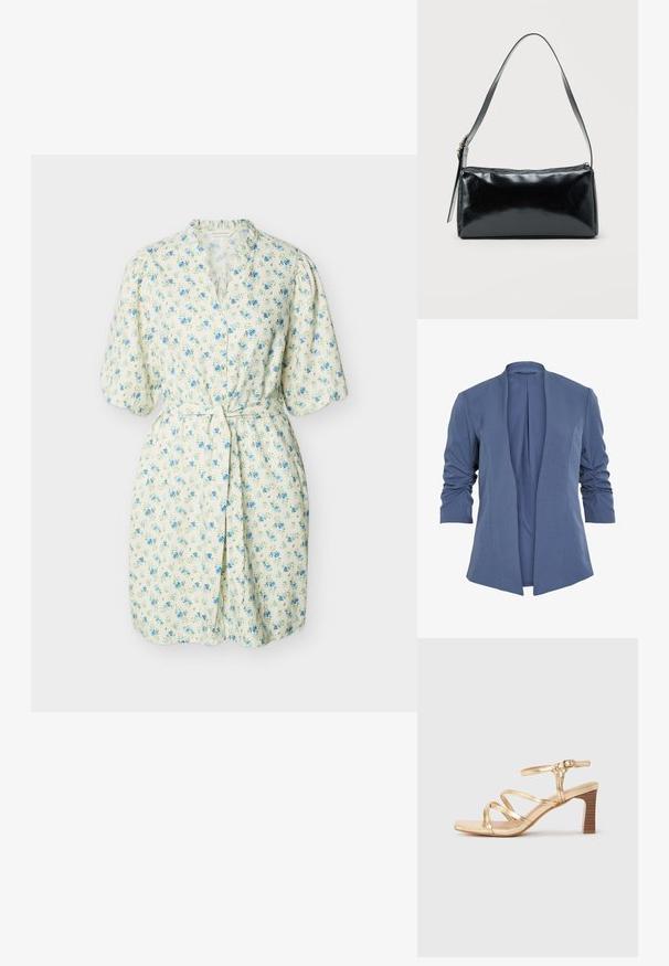Blå, let blazer med åben front, som har rynkede ærmer, en subtil glans og en glat tekstur. Skræddersyet pasform med en moderne form.; Kremfarvet kjole med korte ærmer og blå blomsterprint, knapper foran, V-hals, rynkede skuldre og bindebånd i taljen.; Guldfarvet sandal med remme, mellemhøj blokhæl og ankelspænde på en ensfarvet lys grå baggrund.; Sort rektangulær skuldertaske med en enkelt justerbar rem og lynlås i toppen på en ensfarvet baggrund.