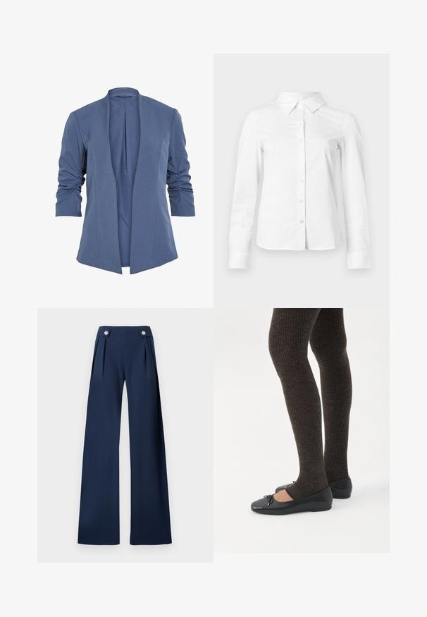 Blazer bleu léger avec un devant ouvert, doté de manches froncées, d'un léger éclat et d'une texture lisse. Coupe ajustée avec une forme moderne.; Chemise blanche à manches longues avec boutons, col pointu, ourlet droit et silhouette ajustée, présentée sur un fond clair uni.; Pantalon large marine avec plis à l'avant et deux boutons argentés sur la ceinture, réalisé dans un tissu lisse et structuré.; Jambes portant des leggings côtelés foncés associés à des ballerines noires avec de petits détails en nœud sur fond blanc.