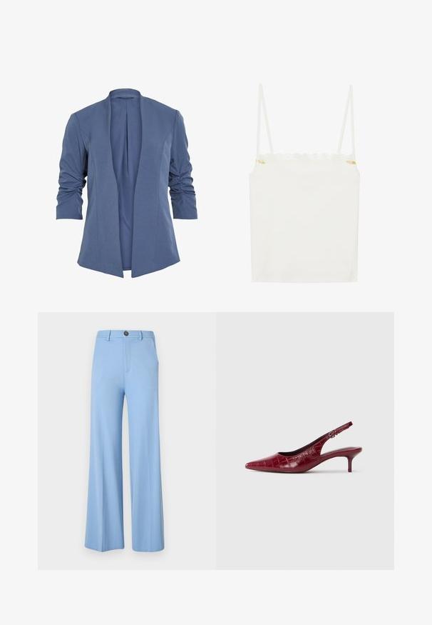 Blå, let blazer med åben front, som har rynkede ærmer, en subtil glans og en glat tekstur. Skræddersyet pasform med en moderne form.; Hvid camisole-top med tynde stropper, der har en bølget blondeudskæring og en lille blomsterdetalje på siden. Glat tekstur, enkel design.; Lys blå vide bukser lavet af et glat stof, med knaplukning og forlommer. Rent, skræddersyet design uden mønstre.; Bordeaux læder slingback pumpe med krokodillestruktur, spidse tæer, justerbar spænde rem og lav kitten hæl på en hvid baggrund.