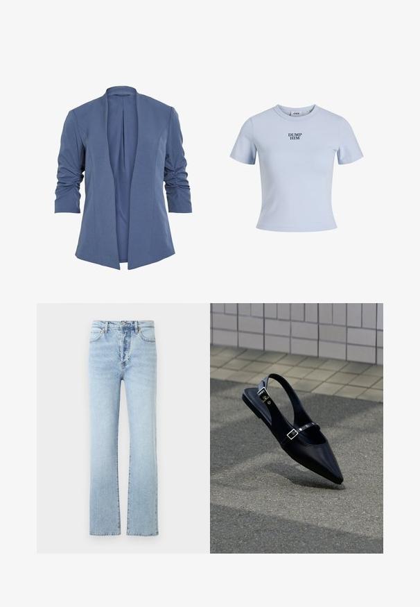 Blå, let blazer med åben front, som har rynkede ærmer, en subtil glans og en glat tekstur. Skræddersyet pasform med en moderne form.; Lyseblå kortærmet t-shirt lavet af blødt stof. Har en rund halsudskæring og teksten "DUMP HIM" trykt med fede bogstaver i marineblå.; Lys blå denim jeans med lige ben-design, featuring høj talje, klassisk fem-pockets stil, og subtil falmning.; Sort flad slingback med spids tå og dobbelte spænder, hvilende på grå asfalt nær flisevæg.