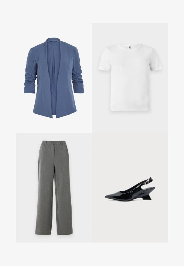 Blauwe, lichtgewicht blazer met een open voorkant, met gerimpelde mouwen, een subtiele glans en een gladde textuur. Getailleerde pasvorm met een moderne vorm.; Witte t-shirt met korte mouwen en een geribde textuur. Klassieke ronde hals, geen zichtbare logo's of patronen, en een eenvoudig, strak ontwerp.; Grijze wijde broek met een textuur, voorzien van een knoopsluiting in de taille en een strakke, op maat gemaakte silhouet.; Zwarte lakleren slingback schoen met spitse neus en lage schuine blokhak op een effen lichte achtergrond.