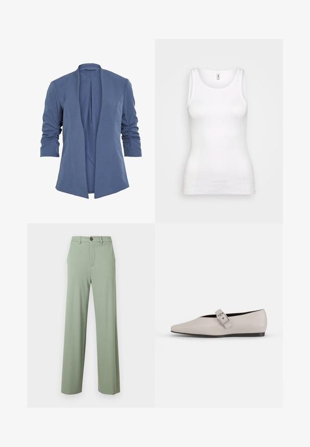 Blå, let blazer med åben front, som har rynkede ærmer, en subtil glans og en glat tekstur. Skræddersyet pasform med en moderne form.; Hvid, ribbet top med rund udskæring og brede stropper, der har en slank pasform, som følger kroppens konturer. Ingen synlige mønstre eller detaljer.; Lysegrønne bukser med lige ben, bæltestropper, sidelommer og knaplukning i taljen.; Beige læder flad sko med spidse tæer, en sidelukning som accent og en lav sort sål. Glat tekstur og minimalistisk design.