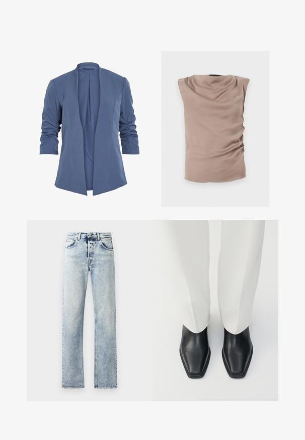 Blå, let blazer med åben front, som har rynkede ærmer, en subtil glans og en glat tekstur. Skræddersyet pasform med en moderne form.; Ærmeløs taupebluse med draperet halsudskæring og diskrete rynker på den ene side, lavet af glat, letvægtsstof.; Lys blå denimjeans med en lige ben-design. Funktioner inkluderer fem lommer, bæltestropper og en frynset kant forneden.; Sorte læder ankelstøvler med spids tå og lav stableret hæl, parret med hvide vidde bukser. Glat tekstur, elegant design.