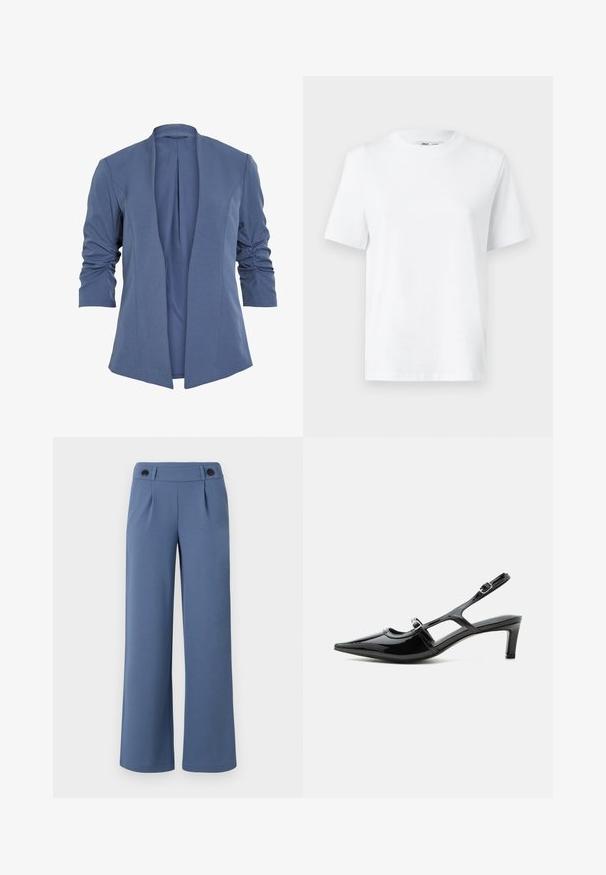 Blå, let blazer med åben front, som har rynkede ærmer, en subtil glans og en glat tekstur. Skræddersyet pasform med en moderne form.; Hvid bomulds T-shirt med rund hals, kortærmet og en glat tekstur. Designet med en afslappet pasform for komfort og alsidighed.; Blå vide bukser lavet af glat stof, der har en flad front, to læg og to sorte knapper i taljen.; Sort laklæder spids tå slingback sko med lav hæl og to justerbare spænder, vist i sideprofil.