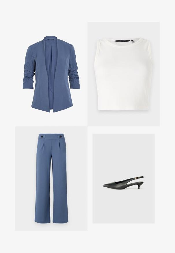 Blazer azul, ligero, con frente abierto, que presenta mangas fruncidas, un sutil brillo y una textura suave. Corte ajustado con una forma moderna.; Top sin mangas blanco de canalé con escote redondo. La tela parece suave y elástica, sin adornos ni patrones visibles.; Pantalones de pierna ancha azul, hechos de una tela suave, con un frente plano, dos pliegues y dos botones negros en la cintura.; Zapato de tacón slingback negro de punta afilada, hecho de cuero suave. Presenta un tacón delgado y un detalle de hebilla en la correa ajustable.