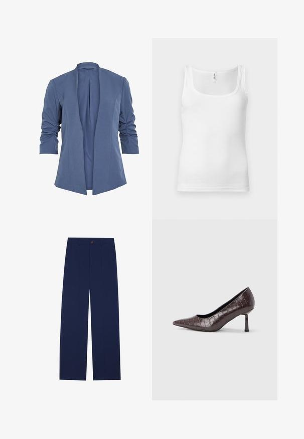 Blazer bleu léger avec un devant ouvert, doté de manches froncées, d'un léger éclat et d'une texture lisse. Coupe ajustée avec une forme moderne.; Débardeur en coton blanc avec encolure dégagée, fines bretelles et coupe ajustée. Texture lisse et style minimaliste.; Pantalons larges bleu marine en tissu lisse, dotés de poches avant, d'une fermeture à bouton et d'un design sur mesure avec des plis.; Escarpins à bout pointu en similicuir marron avec une texture crocodile, dotés d’un talon fin et angulaire ainsi que d’une doublure intérieure lisse.