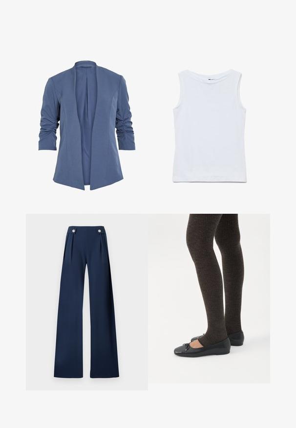 Blå, let blazer med åben front, som har rynkede ærmer, en subtil glans og en glat tekstur. Skræddersyet pasform med en moderne form.; Ærmeløs hvid bomuldstop med bred rund halsudskæring og lige kant, vist fladt på en hvid baggrund.; Marineblå bukser med vide ben, plissering foran og to sølvknapper i linningen, lavet af et glat, struktureret stof.; Ben iført mørke ribbede leggings kombineret med sorte balletsko med små sløjfedetaljer på hvid baggrund.