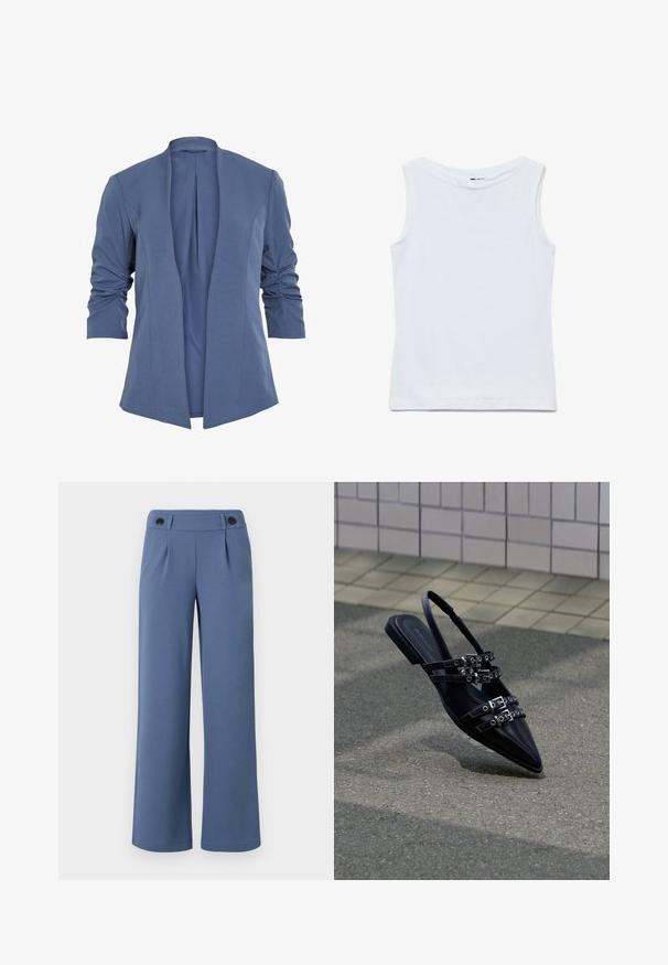 Blazer azul, ligero, con frente abierto, que presenta mangas fruncidas, un sutil brillo y una textura suave. Corte ajustado con una forma moderna.; Camiseta blanca sin mangas de algodón con un amplio escote redondo y dobladillo recto, mostrada extendida sobre un fondo blanco.; Pantalones de pierna ancha azul, hechos de una tela suave, con un frente plano, dos pliegues y dos botones negros en la cintura.; Sandalia plana negra de punta afilada con varias correas con hebillas y talón descubierto, situada sobre una superficie pavimentada y con un fondo de muro de azulejos.