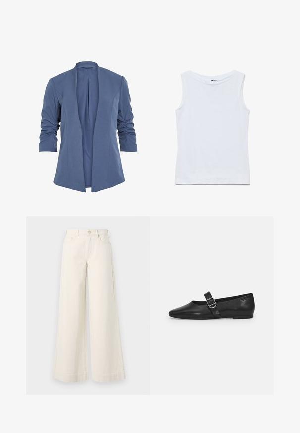 Blazer azul, ligero, con frente abierto, que presenta mangas fruncidas, un sutil brillo y una textura suave. Corte ajustado con una forma moderna.; Camiseta blanca sin mangas de algodón con un amplio escote redondo y dobladillo recto, mostrada extendida sobre un fondo blanco.; Pantalones de mezclilla de pierna ancha en un tono beige claro, con cintura alta, dos bolsillos frontales, cierre de botón y un sutil detalle de costura.; Zapato plano de cuero negro con punta redondeada, una sola correa ajustable con hebilla y una textura suave y brillante. Diseño minimalista con un tacón bajo.