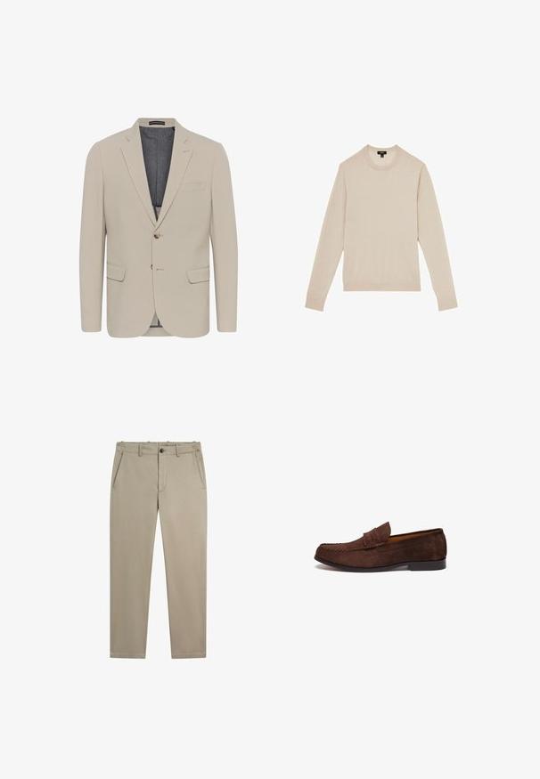 Beige blazer met een soepele textuur, twee voorzakken, een eenknops ontwerp en sluiting met één knoop; heeft een contrasterende binnenvoering.; Licht beige lange mouwen trui met een ronde hals. Gemaakt van zachte stof, met ribgebreide manchetten en onderrand. Minimalistisch ontwerp zonder patronen.; Beige rechte vrijetijdsbroek met steekzakken, riemlussen, knoopsluiting en ritssluiting op een witte achtergrond.; Bruine suède instappers met gestikte details, een platte zool en een verhoogde kraag. Glad oppervlak en minimalistisch ontwerp.