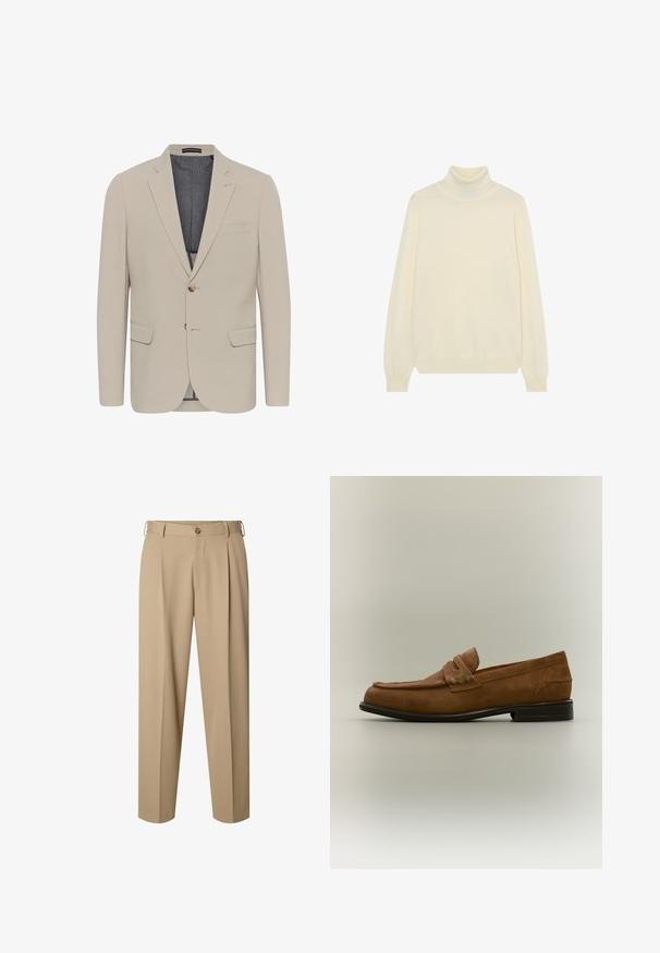 Beige Blazer mit glatter Textur, zwei Fronttaschen, einreihigem Design und einem Knopfverschluss; verfügt über ein kontrastierendes Innenfutter.; Cremfarbener Rollkragenpullover mit langen Ärmeln. Aus einem weichen Strickmaterial gefertigt, mit einem enganliegenden Kragen und gerippten Bündchen. Keine Muster oder Akzente.; Beige maßgeschneiderte Hose mit vorderen Falten, Gürtelschlaufen, Knopfverschluss und geradem Bein.; Brauner Wildlederloafer mit niedrigem schwarzem Absatz und einem angenähten Riemendetail am Obermaterial, von der Seite vor neutralem Hintergrund gezeigt.