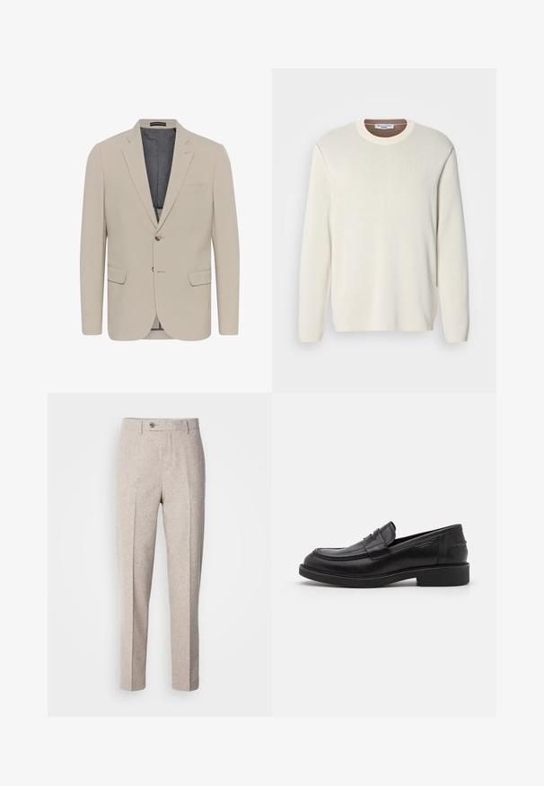 Beige Blazer mit glatter Textur, zwei Fronttaschen, einreihigem Design und einem Knopfverschluss; verfügt über ein kontrastierendes Innenfutter.; Heller Creme-Pullover mit Rundhalsausschnitt, langen Ärmeln und glattem Stricktexture. Mit kontrastierendem braunem Halsausschnitt.; Hellebeige Wollhosen mit glatter Textur, geradem Schnitt, Vorderfalten und einem einzigen Knopfverschluss am Bund.; Schwarze Lederloafer mit abgerundetem Zeh, farblich abgestimmtem Nähen und einem Riemendetail an der Vorderseite. Gummi-Sohle mit niedrigem Absatz.