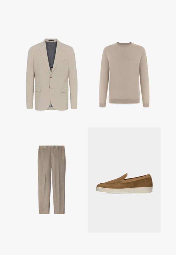 Beige sako s hladkým povrchom, dvoma prednými vreckami, jednostranným zapínaním a jedným gombíkom; obsahuje kontrastnú podšívku.; Béžový sveter s dlhým rukávom vyrobený z mäkkej, jemnej pleteniny. Má okrúhly výstrih a rebrované manžety a lem pre priliehavý vzhľad.; Svetlohnedé ľanové nohavice so strihom rovného nohavicu, s plochým predným dielom, pútkami na opasok a bez viditeľných vzorov alebo akcentov.; Svetlohnedá semišová obuv na zasúvanie s bielou gumovou podrážkou, minimálnym počtom švov a nízkym profilom na jednoduchom svetlom pozadí.