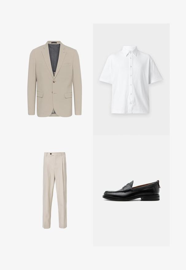 Beige Blazer mit glatter Textur, zwei Fronttaschen, einreihigem Design und einem Knopfverschluss; verfügt über ein kontrastierendes Innenfutter.; Weißes kurzärmliges Hemd mit Knopfleiste aus strukturiertem Stoff, klassischem Kragen und Liniendesign. Sechs Knöpfe entlang der Vorderseite.; Beige maßgeschneiderte Hose mit geradem Beinschnitt, vorderen Falten, Knopfverschluss und glatter Stoffstruktur.; Schwarzer Leder-Herrenschuh mit Mokassinnaht, Penny-Riemen, strukturiertem Kragen und niedrigem gestapeltem Absatz auf weißem Hintergrund.