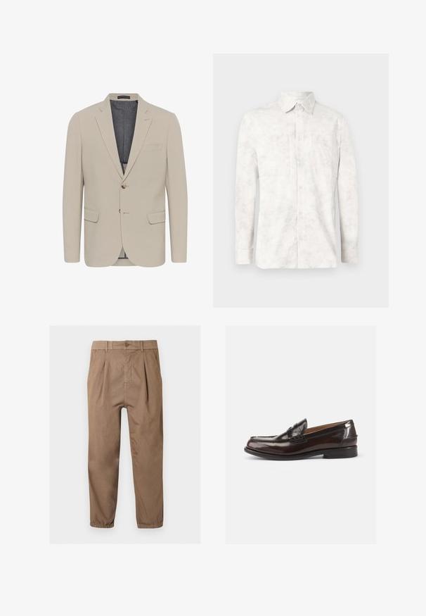 Beige blazer met een soepele textuur, twee voorzakken, een eenknops ontwerp en sluiting met één knoop; heeft een contrasterende binnenvoering.; Witte blouse met lange mouwen van lichtgewicht stof. Heeft een knoopsluiting aan de voorkant, twee borstzakken en een klassieke kraag met een gestructureerd patroon.; Bruine taps toelopende broek met knoopsluiting, voorplooien, zijzakken, riemlussen en elastische boorden bij de enkels.; Bruine leren loafers met een glanzende afwerking, een gestikt ontwerp bij de teen en een lage hak. Aan de zijkant is een reliëfbranding aangebracht.