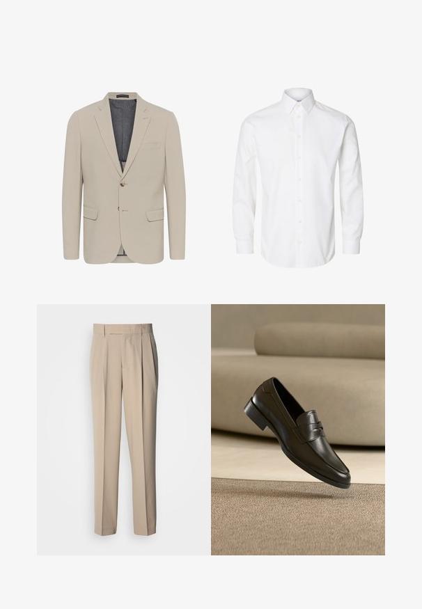 Blazer de color beige con una textura suave, dos bolsillos frontales, diseño de un solo boton y cierre con un botón; presenta un forro interior en contraste.; Camisa blanca de manga larga con cuello puntiagudo, botones visibles en la parte delantera y puños abotonados.; Pantalones beige de talle alto con pliegues y corte recto, con una textura suave y sin adornos ni estampados visibles.; Zapato mocasín de cuero negro flotando sobre una alfombra beige con un sofá beige en el fondo, mostrando el diseño clásico para hombres sin cordones.