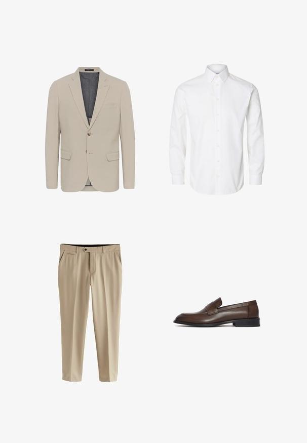 Beige blazer met een soepele textuur, twee voorzakken, een eenknops ontwerp en sluiting met één knoop; heeft een contrasterende binnenvoering.; Wit overhemd met lange mouwen, een puntige kraag, zichtbare knopen vooraan en knoopmanchetten.; Beige dresspants gemaakt van een gladde stof. Voorzien van een platte voorkant, twee zijzakken en een knoopsluiting met een ritssluiting.; Bruine leren penny loafer met lage zwarte hak en gestikte details, zijaanzicht tegen een witte achtergrond.